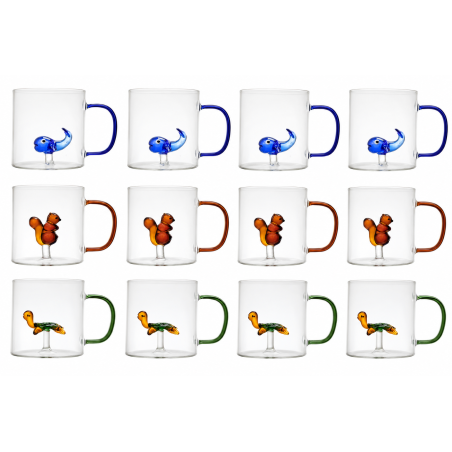Lot de 12 mugs en verre 30 cl avec figurine animaux - 3 modèles assortis - Anses colorées
