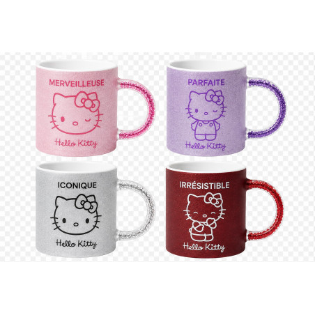 Lot de 4 mugs Hello Kitty pailletés 30 cl - 4 couleurs et motifs assortis