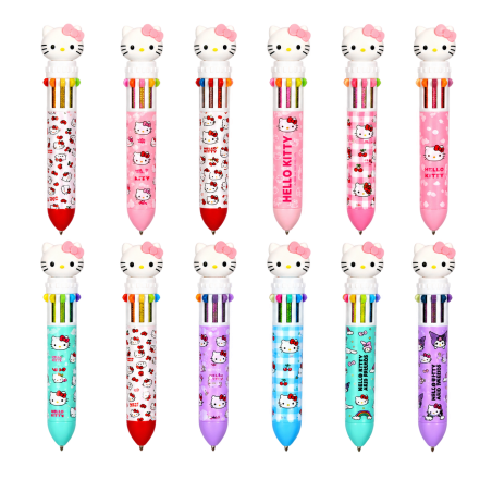 Lot de 12 stylos Hello Kitty 3D à 8 couleurs - 3 motifs assortis - Stylos multicolores kawaii