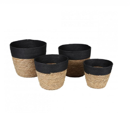 Set de 4 Paniers de Rangement en Corde de Papier et Tige de Roseau - Naturel et Noir
