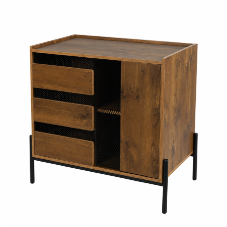 Commode Helio 3 Tiroirs et 1 Porte - 80 x 40 x H75 cm - Effet Bois et Métal Noir