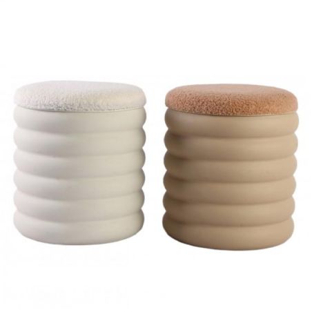 Lot de 2 Poufs Coffres avec Assise Teddy - D33 x H38 cm - Beige et Blanc