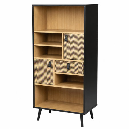 Bibliothèque Chelsea avec Rangements et Poignées Effet Cuir - 60 x 40 x H140 cm - Effet Bois et Noir