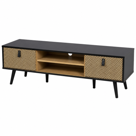 Meuble TV Chelsea avec Rangements et Poignées Effet Cuir - 120 x 40 x H40 cm - Effet Bois et Noir