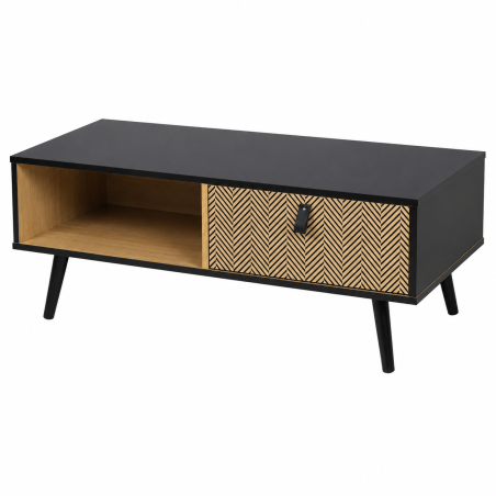 Table Basse Chelsea avec Tiroir et Poignée Effet Cuir - 100 x 50 x H40 cm - Effet Bois et Noir