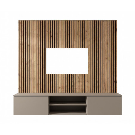 Ensemble meuble TV mural Xari L2 - Bois MDF gris argile et chêne artisan - 160 x 148 x 35 cm
