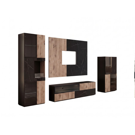 Ensemble meuble TV Cannes 2 W-K cheminée bioéthanol et vitrine LED - MDF noir, chêne Viking, marbre noir - 280 x 182 x 45 cm