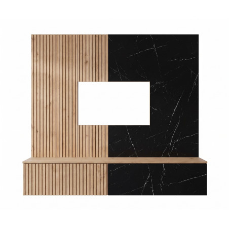Ensemble meuble TV mural Noir I - Bois MDF chêne Cremona et effet marbre noir - 160 x 148 x 35 cm