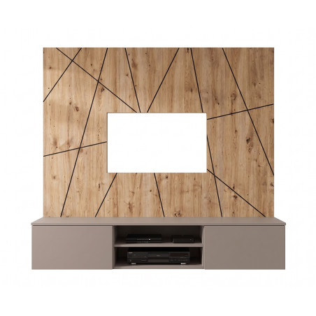 Ensemble meuble TV mural Xari G2 - Bois MDF gris argile et chêne artisan - 160 x 148 x 35 cm