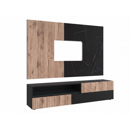 Ensemble meuble TV mural Cannes 1 avec vitrine - Bois MDF noir et chêne Viking et effet marbre noir - 160 x 120 x 45 cm