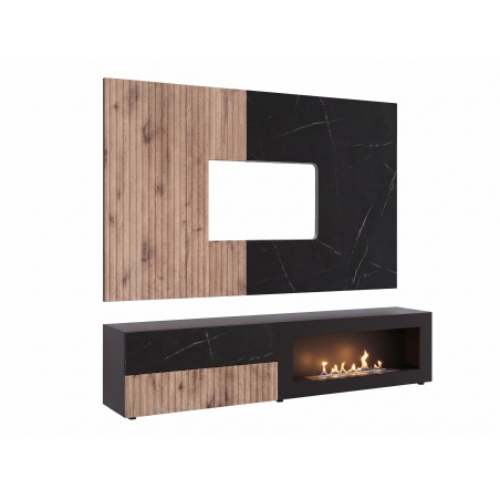 Ensemble meuble TV Cannes 1-K avec cheminée bioéthanol et vitrine - MDF noir et chêne Viking et marbre noir - 160 x 120 x 45 cm