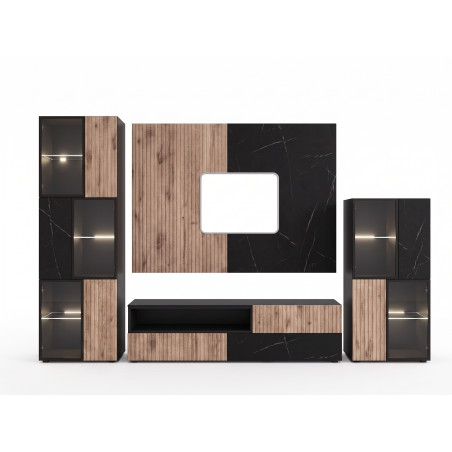 Ensemble meuble TV mural Cannes 2 avec vitrine LED - Bois MDF noir et chêne Viking et effet marbre noir - 280 x 182 x 45 cm
