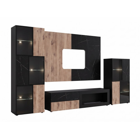 Ensemble meuble TV Cannes 2 R-K cheminée bioéthanol et vitrine LED - MDF noir, chêne Viking, marbre noir - 280 x 182 x 45 cm