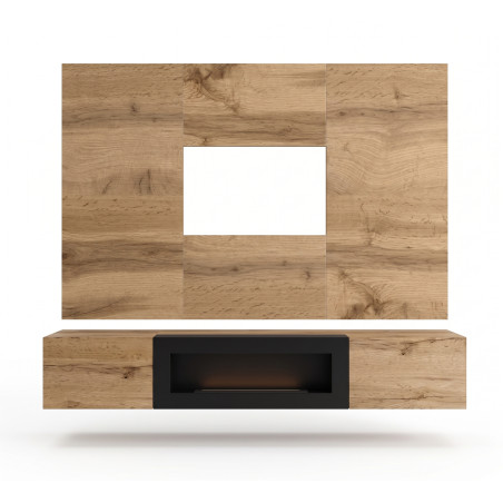 Ensemble meuble TV mural Switch PRK avec cheminée bioéthanol - Bois MDF chêne Wotan - 180 x 148 x 40 cm