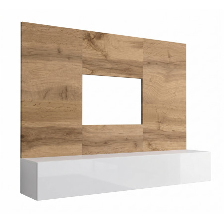 Ensemble meuble TV mural Switch PR1 - Bois MDF blanc et chêne Wotan - 180 x 148 x 40 cm