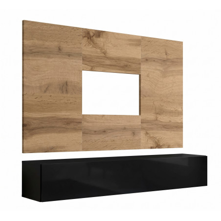 Ensemble meuble TV mural Switch PR1 - Bois MDF noir et chêne Wotan - 180 x 148 x 40 cm
