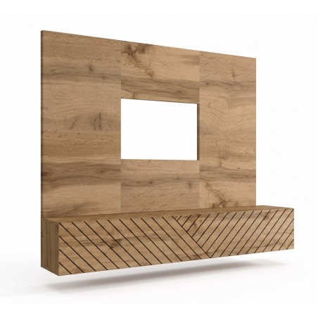 Ensemble meuble TV mural Switch PR1 - Bois MDF décor noir et chêne Wotan - 180 x 148 x 40 cm