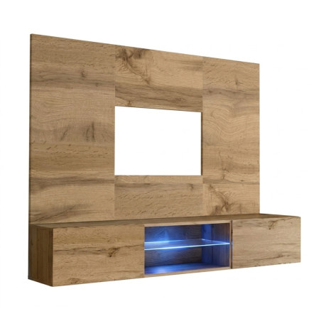 Ensemble meuble TV mural Switch PR3 avec vitrine et éclairage LED - Bois MDF chêne Wotan - 180 x 148 x 40 cm