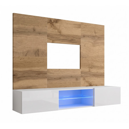 Ensemble meuble TV mural Switch PR3 avec vitrine et éclairage LED - Bois MDF blanc et chêne Wotan - 180 x 148 x 40 cm