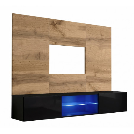 Ensemble meuble TV mural Switch PR3 avec vitrine et éclairage LED - Bois MDF noir et chêne Wotan - 180 x 148 x 40 cm