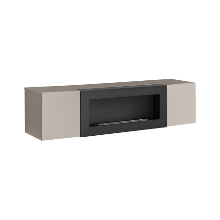 Meuble TV suspendu Fly avec cheminée bioéthanol - Bois MDF gris argile - 160 x 40 x 40 cm