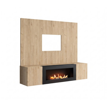 Ensemble meuble TV mural Fly B-K avec cheminée bioéthanol - Bois MDF chêne Hickory Jackson - 160 x 158 x 40 cm
