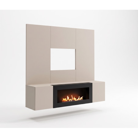 Ensemble meuble TV mural Fly B-K avec cheminée bioéthanol - Bois MDF cachemire - 160 x 158 x 40 cm