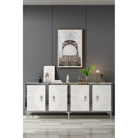 Console d'Entrée avec Étagères - 180 x 75 x 32 cm - Blanc et Argenté
