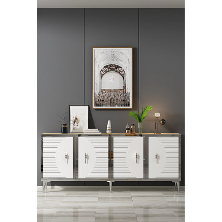 Console d'Entrée avec Étagères - 180 x 75 x 32 cm - Chêne Saphir, Blanc et Argenté