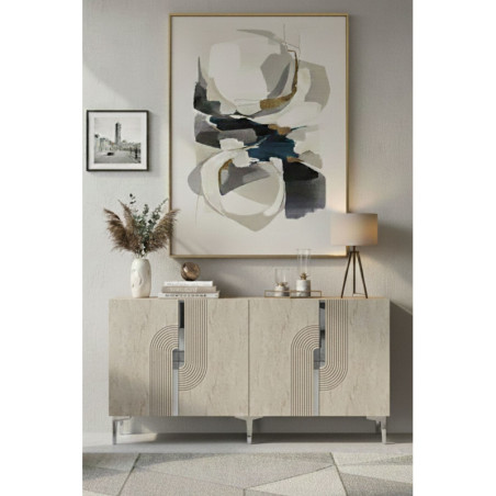 Console d'Entrée avec Décor Gravé - 180 x 75 x 32 cm - Blanc, Effet Travertin et Argenté
