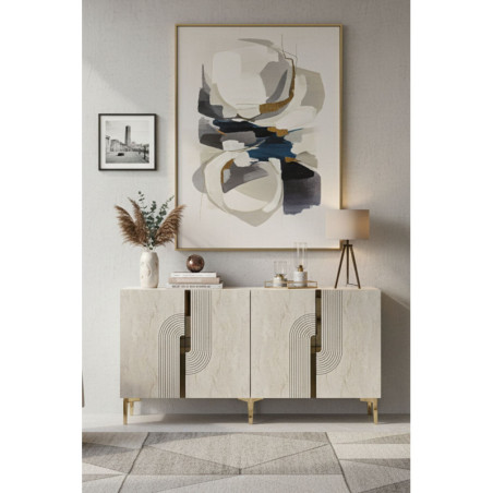 Console d'Entrée avec Décor Gravé - 180 x 75 x 32 cm - Blanc, Effet Travertin et Doré