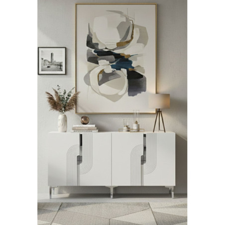 Console d'Entrée avec Décor Gravé - 180 x 75 x 32 cm - Blanc et Argenté