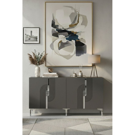 Console d'Entrée avec Décor Gravé - 180 x 75 x 32 cm - Anthracite et Argenté