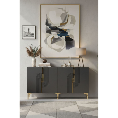 Console d'Entrée avec Décor Gravé - 180 x 75 x 32 cm - Anthracite et Doré