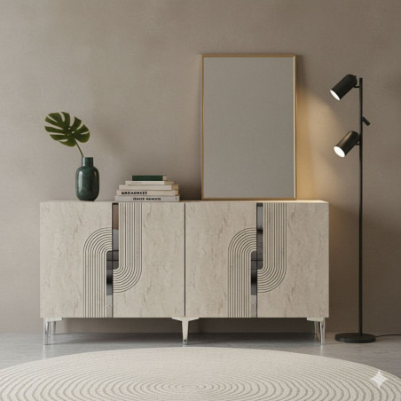 Console d'Entrée sur Pieds avec Étagères - 150 x 75 x 32 cm - Blanc, Effet Travertin et Argenté