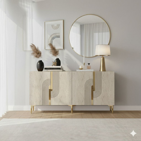 Console d'Entrée sur Pieds avec Étagères - 150 x 75 x 32 cm - Blanc, Effet Travertin et Doré