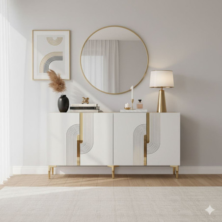 Console d'Entrée sur Pieds avec Étagères - 150 x 75 x 32 cm - Blanc et Doré
