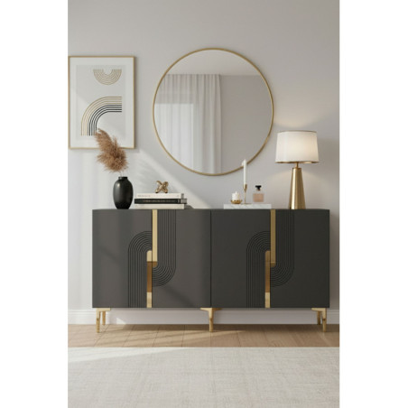 Console d'Entrée sur Pieds avec Étagères - 150 x 75 x 32 cm - Anthracite et Doré