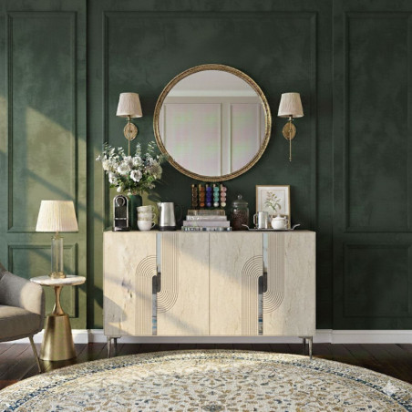 Console d'Entrée sur Pieds avec Étagères - 120 x 75 x 32 cm - Blanc, Effet Travertin et Argenté