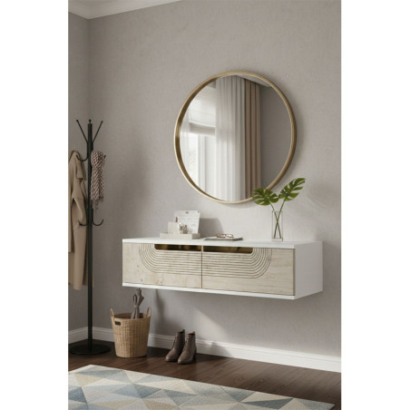Commode Murale avec Porte - 120 x 26 x 30 cm - Blanc, Effet Travertin et Doré