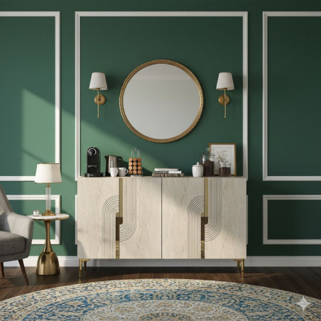 Console d'Entrée sur Pieds avec Étagères - 120 x 75 x 32 cm - Blanc, Effet Travertin et Doré