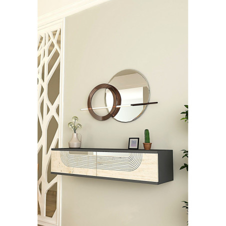 Commode Murale avec Porte - 120 x 26 x 30 cm - Anthracite, Effet Travertin et Argenté