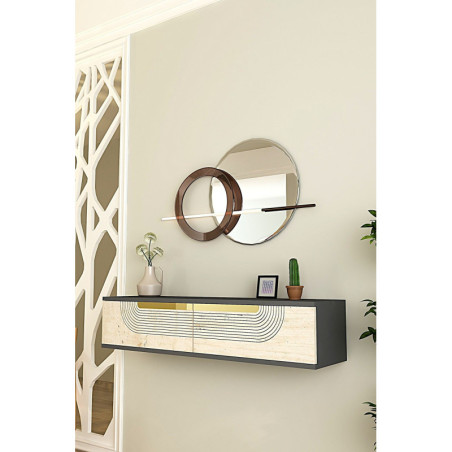 Commode Murale avec Porte - 120 x 26 x 30 cm - Anthracite, Effet Travertin et Doré
