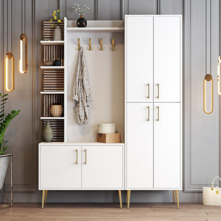 Meuble d'Entrée - 150 x 202 x 35 cm - Blanc et Doré