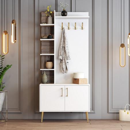Meuble d'Entrée - 90 x 202 x 35 cm - Blanc et Doré