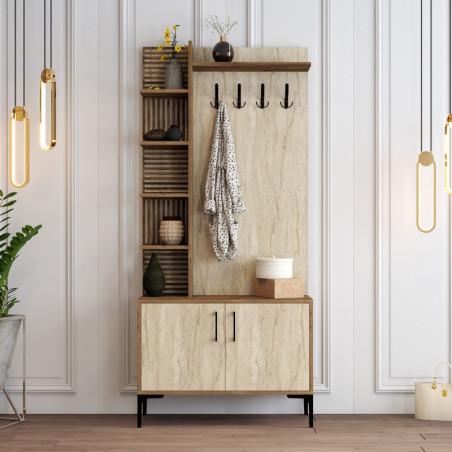Meuble d'Entrée avec Étagères - 90 x 200 x 35 cm - Noyer et Effet Travertin