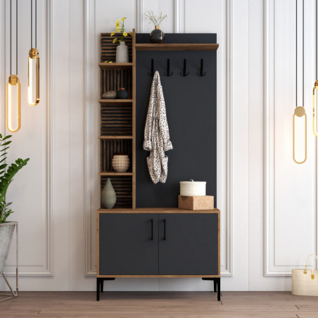 Vestiaire d'Entrée avec Porte-Manteau - 90 x 200 x 35 cm - Noyer et Anthracite