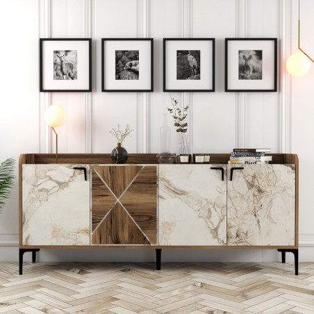 Console d'Entrée - 180 x 78 x 35 cm - Noyer et Effet Marbre Blanc