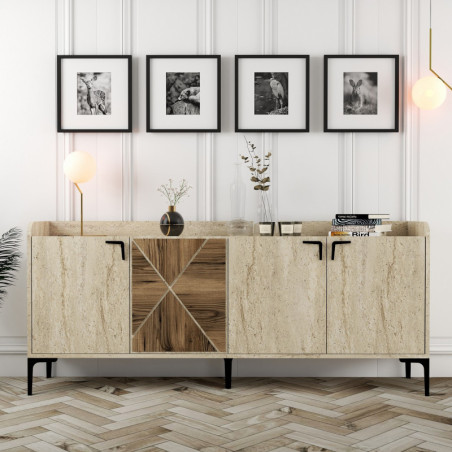 Console d'Entrée avec Étagères - 180 x 78 x 35 cm - Noyer et Effet Travertin