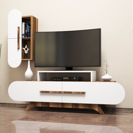 Ensemble Meuble TV avec Étagère Murale - 145 x 50 x 37 cm - Noyer et Blanc
